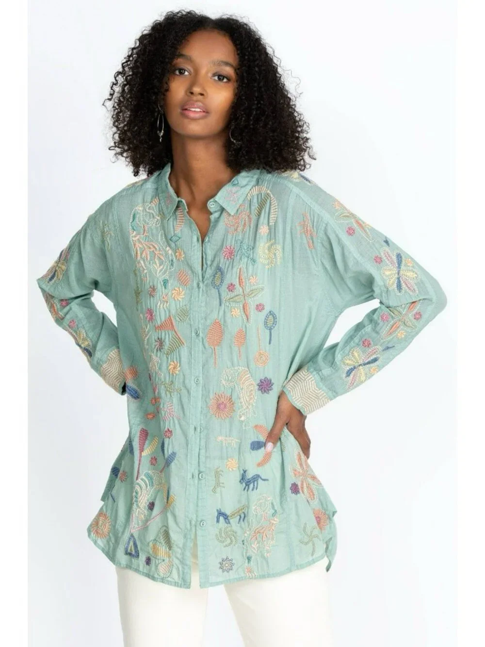 $205 Johnny Was Biya Cosimia Boho Chic Floral Jungle Button Down Mint Top XL - Picture 2 of 15